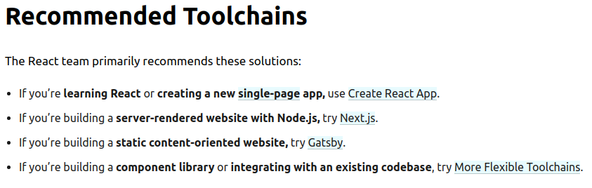 React Recommended Toolchains